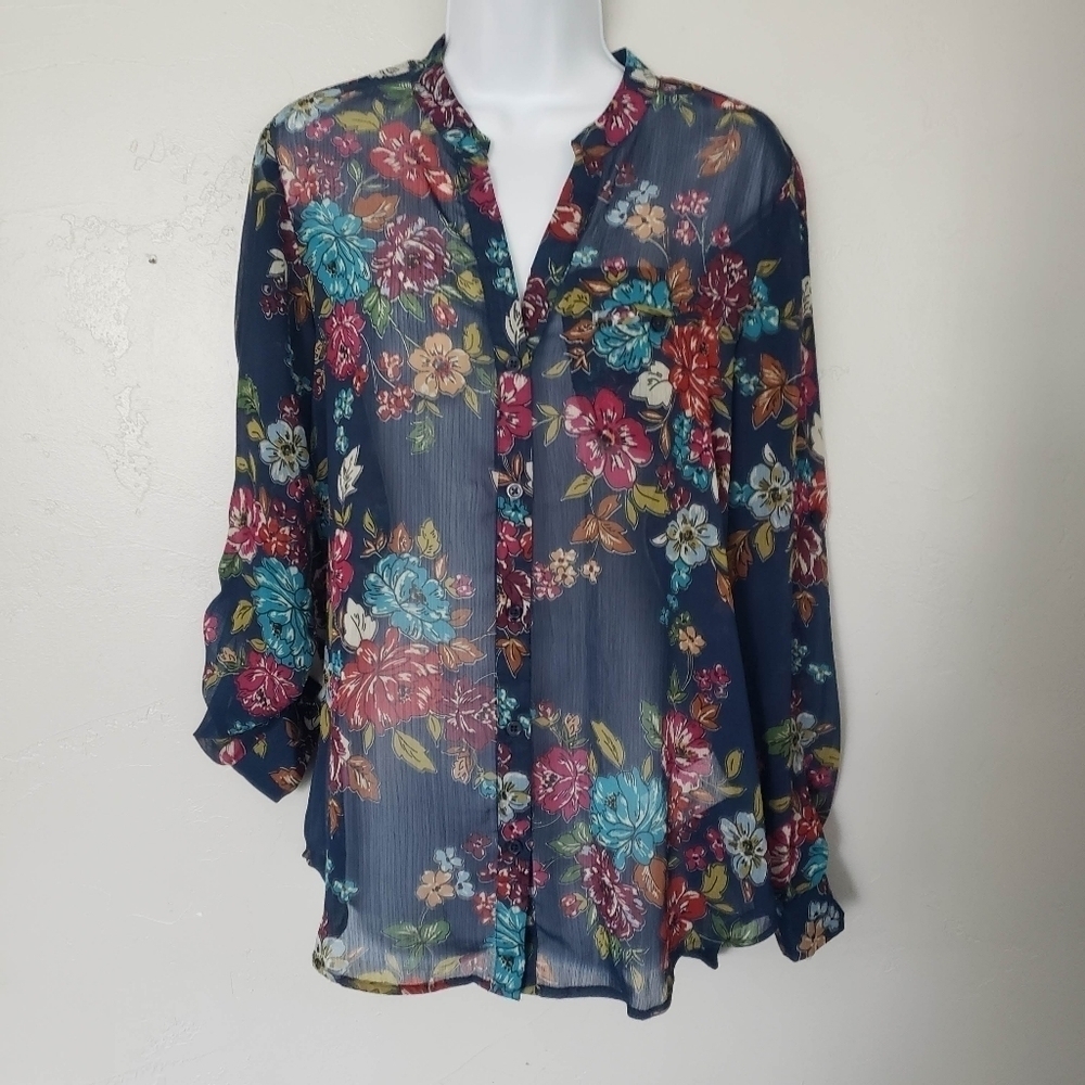 Kut from the Kloth Medium Navy Blue Chiffon Blouse Fall Floral Top Roll-tab Boho